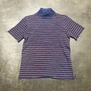 Vintage 60s Navy/Red Knit Mock Neck Pattern Shirt